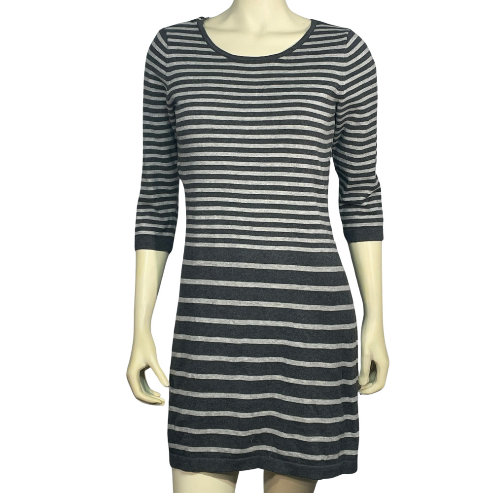 Banana Republic Sz S Knit Sweater Dress 3/4 Sleeve Zipper Detail Gray Striped